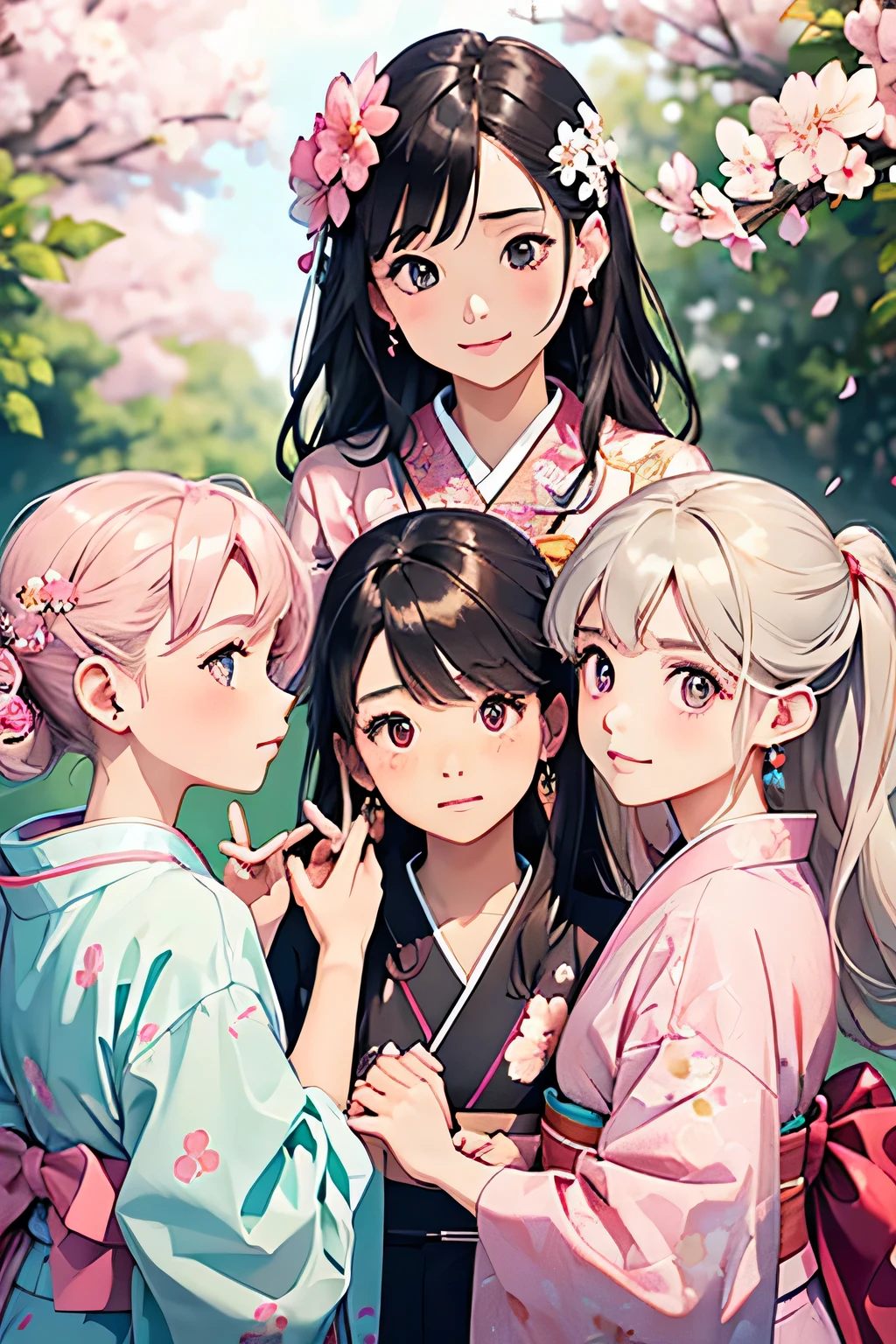 highest quality、High resolution、Detailed Background、(Beautiful face in every detail:1.4)、Anatomically correct、(Draw the usual number of fingers:1.2)、(Detailed facial expressions)、(Detailed eyes:1.2)、(Detailed eyes:1.2)、Beautiful, smooth skin、age beauty、(Three Women)、(Highly detailed face:1.4)、well-groomed eyebrows、
Adult Style、Sunny outdoors、
(Three beautiful girls having fun with their friends:1.5)、
For the color of the kimono, choose soft colors such as pretty pink, pale cherry blossom, and light blue to create a girly impression.、
Cherry blossoms and plum blossoms are timeless and long-loved patterns.、Small floral patterns are recommended.、
like々To bring out your beauty, it is a good idea to choose a kimono with a bright background color and a gorgeous pattern.、
Choose the color and pattern of the obi while considering how it will coordinate with your kimono.、
To emphasize cuteness, we recommend obi in soft colors or designs with small floral patterns or ribbons.、
You can also add a cute touch to your geta.、
Choose sandals with colorful floral patterns, glitter, or ribbons to add a touch of glamour to your feet.、
Simple and elegant accessories go well with Japanese clothing.、
Wearing earrings or a necklace with a small flower motif and a thin bracelet on your wrist will make you look even cuter.、
For hair accessories, try incorporating small hairpins or kanzashi with cherry blossom or plum blossom motifs.、
Consider an updo or a bun hairstyle that matches the design of your kimono and your personality.、
You can enjoy unique styling with hair accessories and hairpins.、
Add pink or cherry blossom blush to your natural and clean base makeup.、
Use soft colored eyeshadows to add a touch of glamour to your eyes.、
For your lips, choose a pale pink or cherry blossom color to make yourself look even cuter.