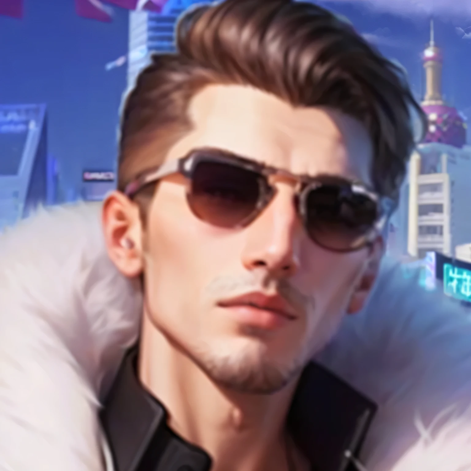 A man in a fur coat、Man wearing sunglasses standing in front of the city, XQC, kieran yanner's style, cai xukun, User Photos, heise jinyao, Sakimichan, Sakimichan frank franzzeta, Jody Herrol, Mongol Khan, Anton Fadeev's style, Avatar pictures, inspired by Wuzhun Shifan