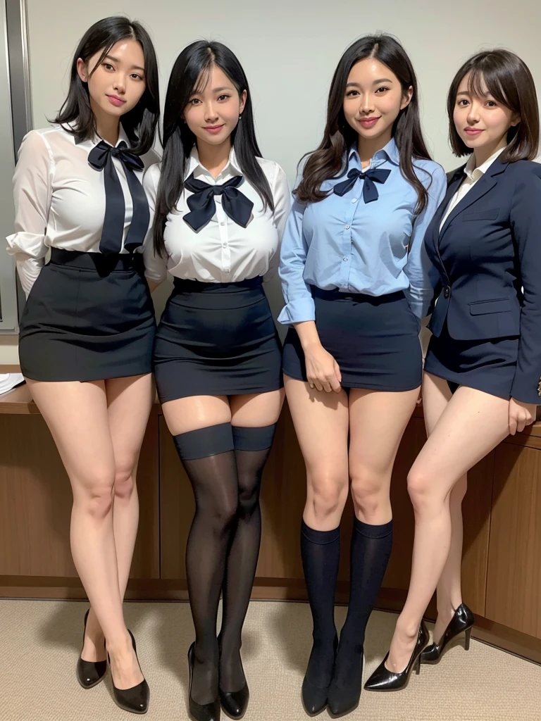 (highest quality),(High resolution),(8K),The whole body is shown,(Large Breasts),Long, slender legs,Beautiful feet,Slender,Narrow waist,Black Hair,Small Face,cute,smile,Red bow tie,Light blue tight business shirt,A business shirt that accentuates the shape of the bust,Navy and blue checked short skirt,mini skirt,(Wearing black stockings),(3 office ladies:1.2),Group photo