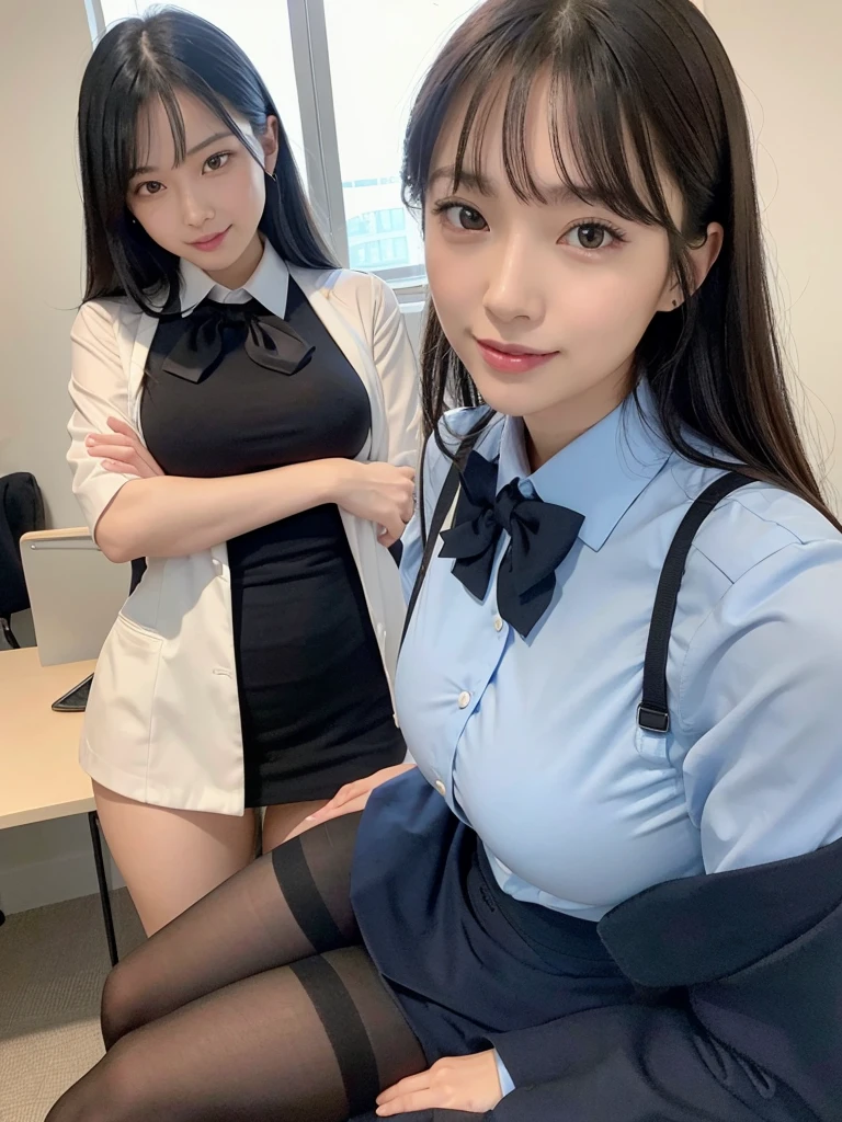 (highest quality),(High resolution),(8K),The whole body is shown,(Large Breasts),Long, slender legs,Beautiful feet,Slender,Narrow waist,Black Hair,Small Face,cute,smile,Red bow tie,Light blue tight business shirt,A business shirt that accentuates the shape of the bust,Navy and blue checked short skirt,mini skirt,(Wearing black stockings),(3 office ladies:1.2),Group photo