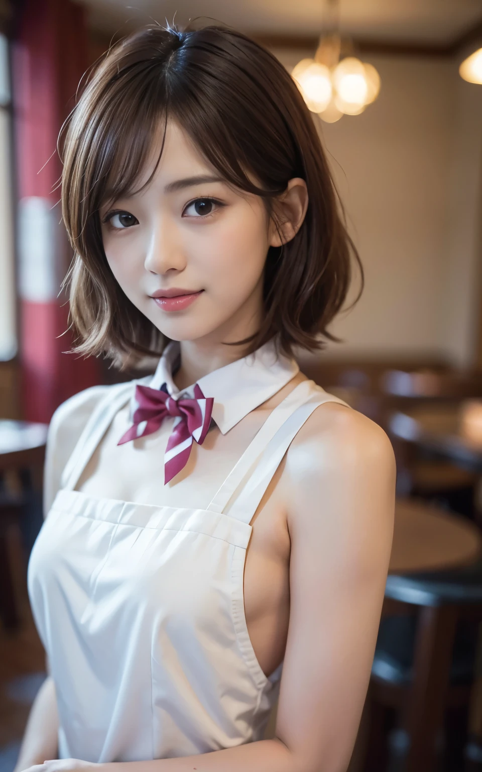 Cute 21 year old Japanese、apron、Red bow tie、Waiter、Cafe、Super detailed face、Attention to detail、double eyelid、Beautiful thin nose、Sharp focus:1.2、Beauty:1.4、(Light Brown Hair、short hair、)、Pure white skin、highest quality、masterpiece、Ultra-high resolution、(Photorealistic:1.4)、Highly detailed and professional lighting、nice smile、Carrying coffee、Please show me your whole body、
