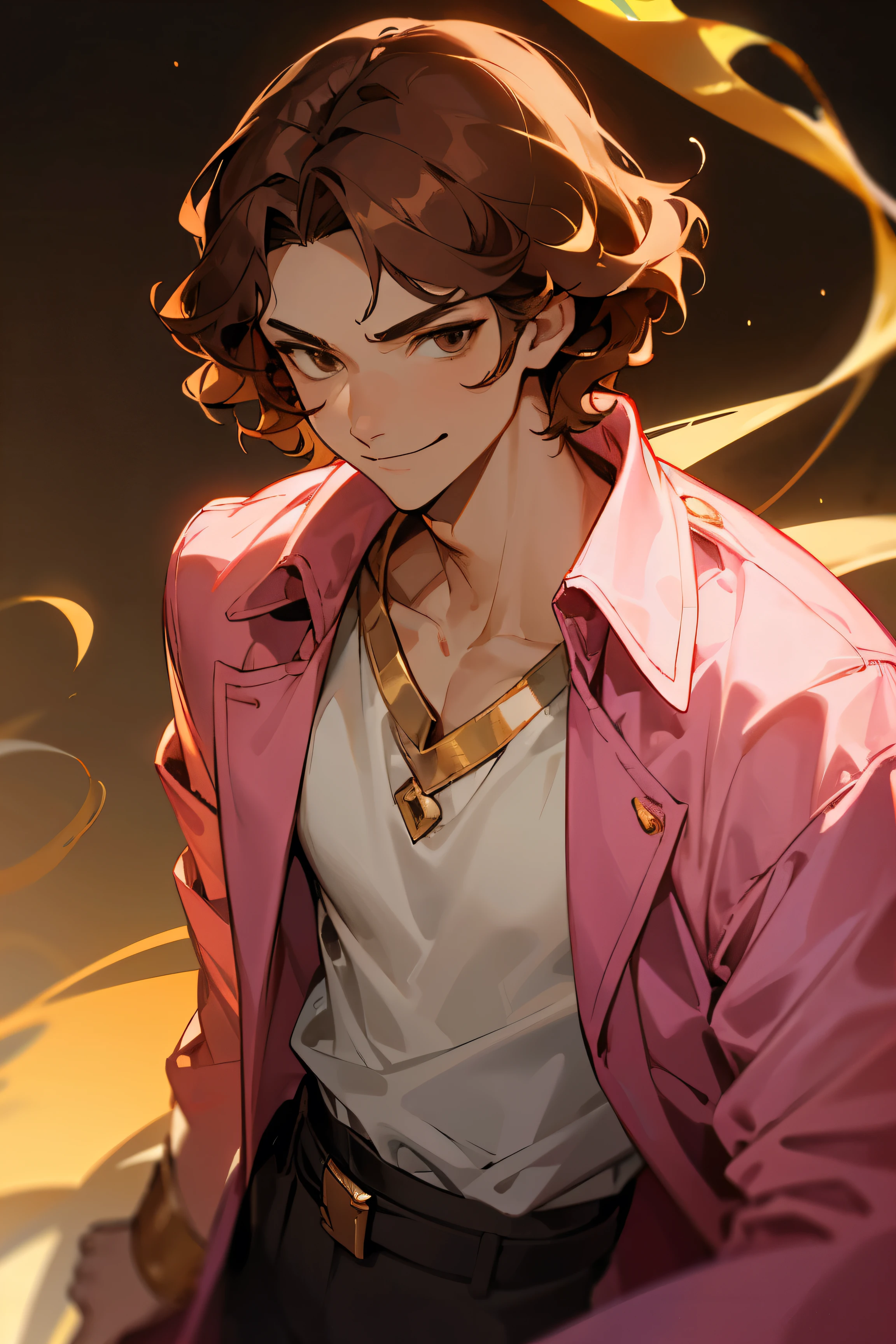 avatar,short wavy hair, white shirt,pink jacket, young male, brown eyes, night time, brown hair, smirk, golden crown