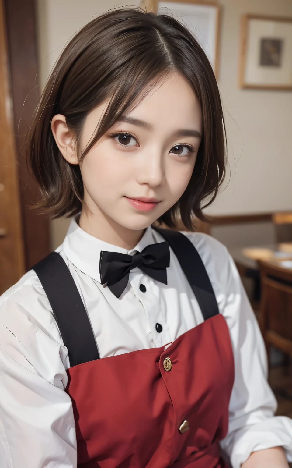 cute 21 year old japanese、apron, red bow tie、Waiter、Cafe、super detail face、pay attention to details、double eyelid、beautiful thin nose、sharp focus:1.2、Beautiful woman:1.4、(light brown hair,short hair、),pure white skin、highest quality、masterpiece、ultra high resolution、(Photoreal:1.4)、Highly detailed and professional lighting、nice smile、Carry dishes、Please show me your whole body、