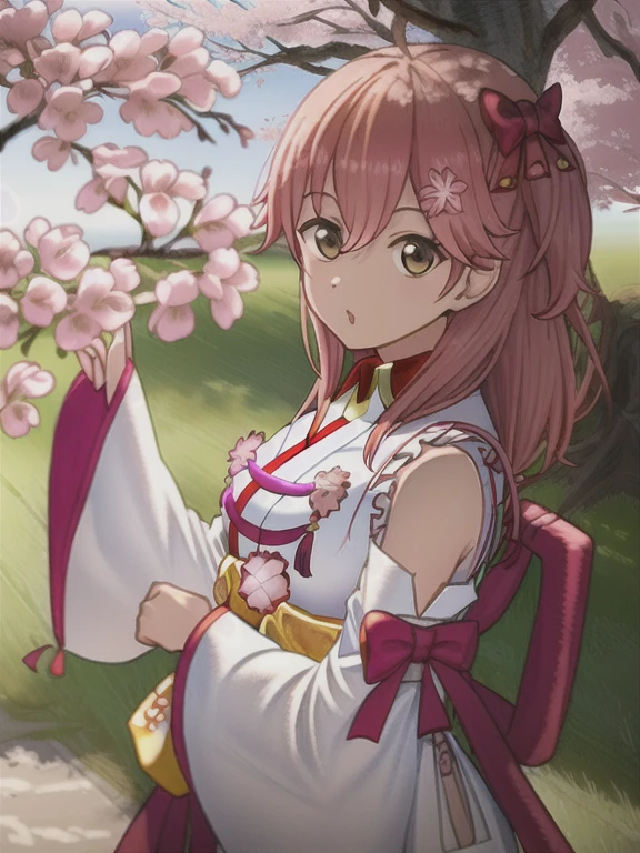 Sakura miko, Cherry blossom tree in the background, Sharp focus