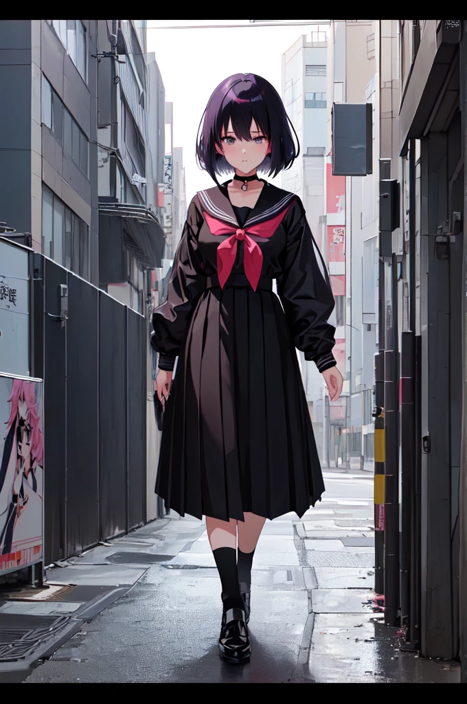 anime character Sukeban delinquent girl standing on a city street corner in black seifuku with black very long skirt, anime style. 8k, anime style mixed with fujifilm, retro anime girl, anime styled digital art, in tokyo, anime style illustration, anime style 4 k, anime style artwork, anime poster film still portrait, tokyo anime scene, modern anime style, anime style digital art, short hair, 26year old
