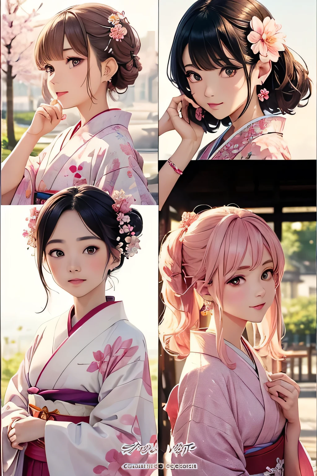 highest quality、High resolution、Detailed Background、(Beautiful face in every detail:1.4)、Anatomically correct、(Draw the usual number of fingers:1.2)、(Detailed facial expressions)、(Detailed eyes:1.2)、(Detailed eyes:1.2)、Beautiful, smooth skin、Teenage beauty、(Three Women)、(Highly detailed face:1.4)、well-groomed eyebrows、
Adult Style、Sunny outdoors、
(Three beautiful girls having fun with their friends:1.5)、
For the color of the kimono, choose soft colors such as pretty pink, pale cherry blossom, and light blue to create a girly impression.、
Cherry blossoms and plum blossoms are timeless and long-loved patterns.、Small floral patterns are recommended.、
like々To bring out your beauty, it is a good idea to choose a kimono with a bright background color and a gorgeous pattern.、
Choose the color and pattern of the obi while considering how it will coordinate with your kimono.、
To emphasize cuteness, we recommend obi in soft colors or designs with small floral patterns or ribbons.、
You can also add a cute touch to your geta.、
Choose sandals with colorful floral patterns, glitter, or ribbons to add a touch of glamour to your feet.、
Simple and elegant accessories go well with Japanese clothing.、
Wearing earrings or a necklace with a small flower motif and a thin bracelet on your wrist will make you look even cuter.、
For hair accessories, try incorporating small hairpins or kanzashi with cherry blossom or plum blossom motifs.、
Consider an updo or a bun hairstyle that matches the design of your kimono and your personality.、
You can enjoy unique styling with hair accessories and hairpins.、
Add pink or cherry blossom blush to your natural and clean base makeup.、
Use soft colored eyeshadows to add a touch of glamour to your eyes.、
For your lips, choose a pale pink or cherry blossom color to make yourself look even cuter.
