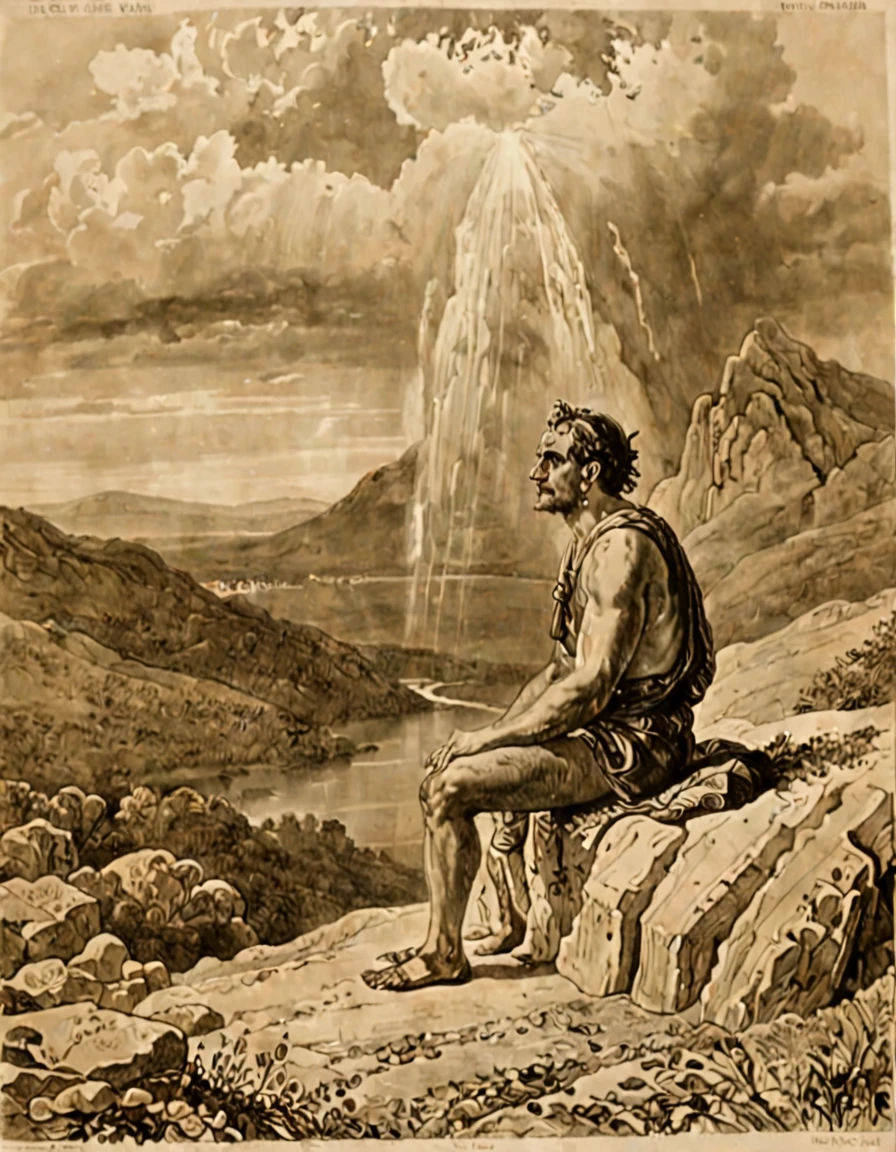 In ancient greece, a man with a solemn and dignified demeanor sat on the mountain, watching the flood and rain under the mountain
