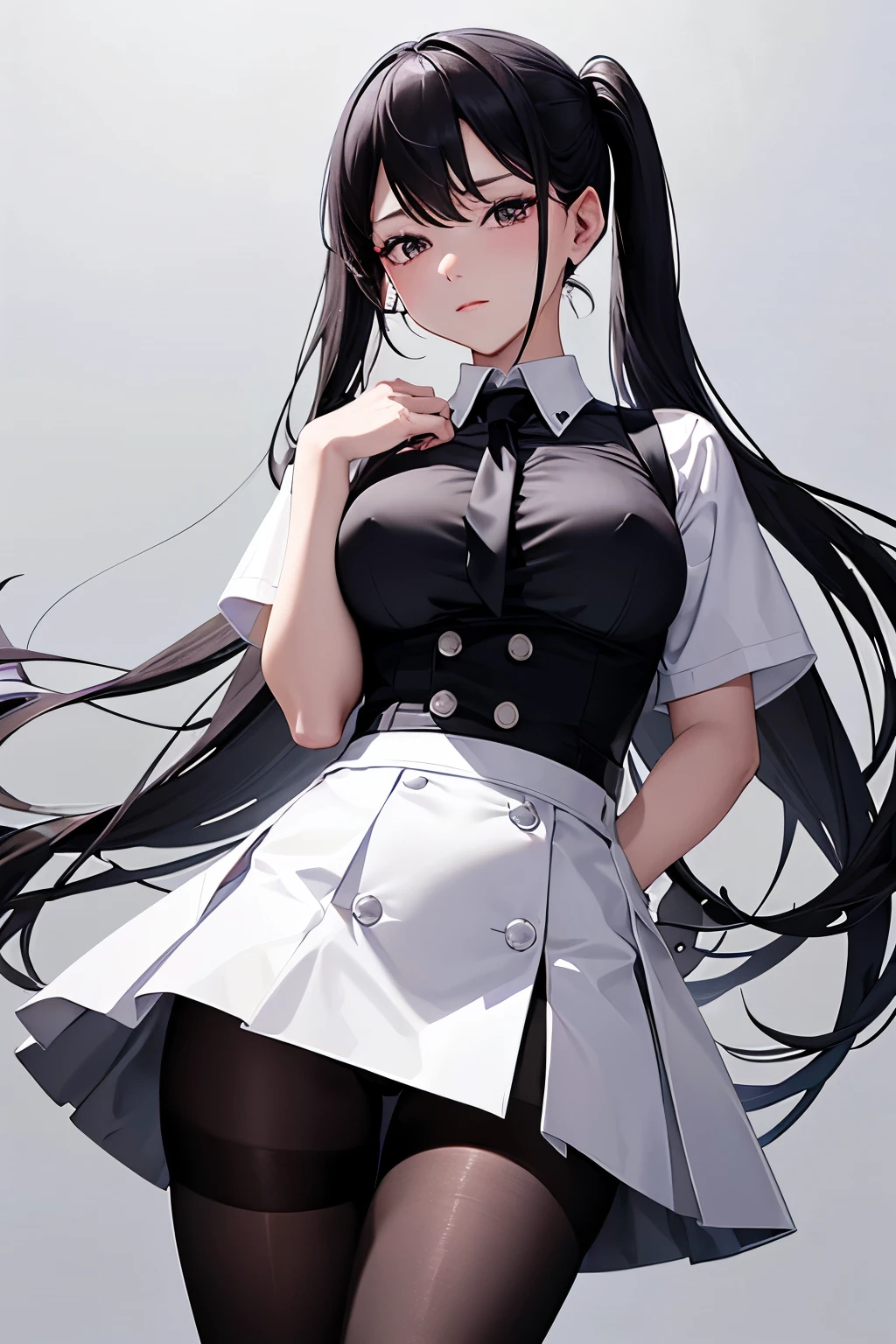 Kimi donned a black glove on each hand and a pristine white shirt, completing the outfit with a tie that hung gracefully from the top. The bottom half of her ensemble consisted of a short black skirt, underneath which she wore compact black tights to prevent any potential wardrobe malfunctions from her voluminous chest, which threatened to burst the buttons.
