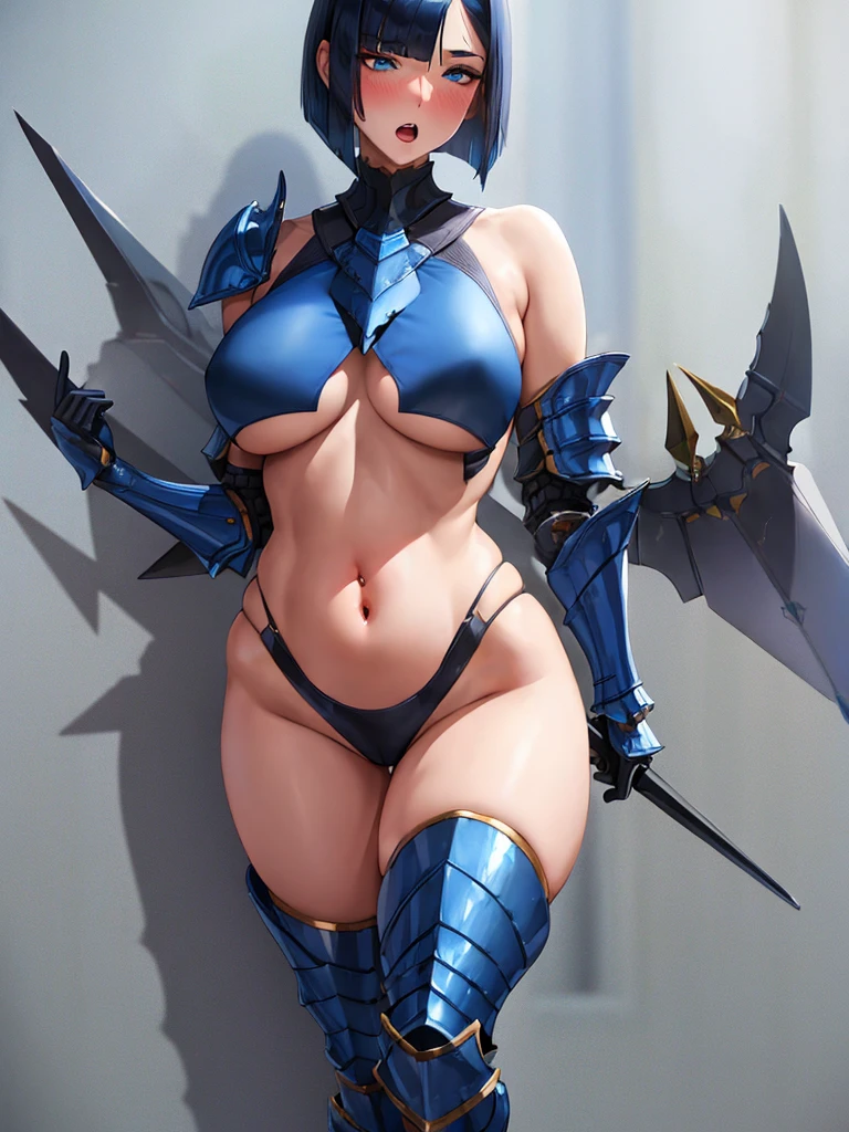 full body,masterpiece, high details, high quality, best quality, anatomically correct, masterpiece, textured skin, super detail,ultra-detailed, best quality, extremely detailed, 8k, high res, realistic, 1girl, 18yo, beautiful girl, (half closed eyes),(narrowed eyes:1.2),(open mouth), (blush:1.2),BREAK,(armor,navel exposed:1.8),blue beautiful eyes, (dark blue medium bob hair,asymmetrical parted bangs:1.6),BREAK,(voluptuous bust:1.5),(Gaunt , thin waist:1.3),white background,