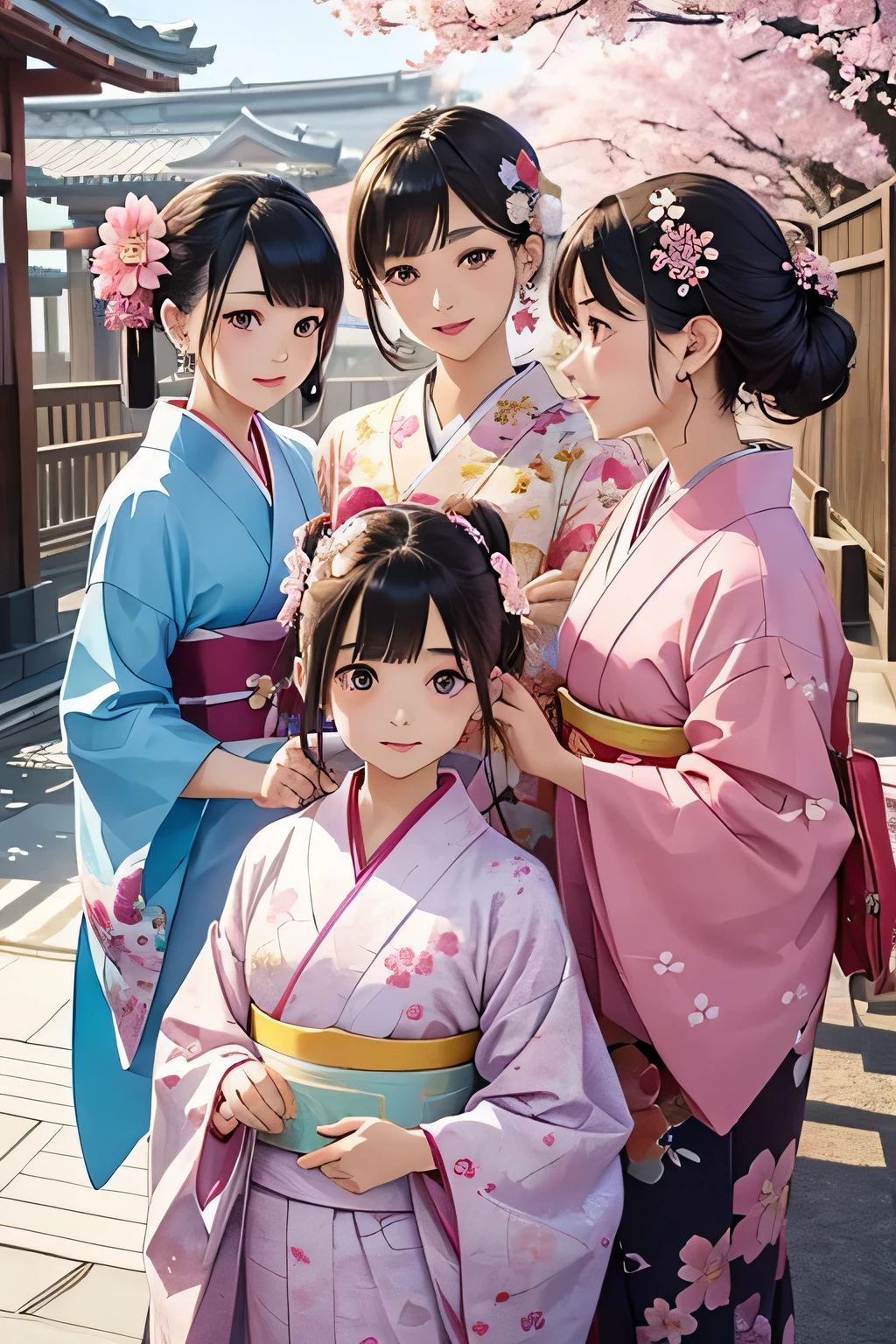 highest quality、High resolution、Detailed Background、(Beautiful face in every detail:1.4)、Anatomically correct、(Draw the usual number of fingers:1.2)、(Detailed facial expressions)、(Detailed eyes:1.2)、(Detailed eyes:1.2)、Beautiful, smooth skin、age beauty、(Three Women)、(Highly detailed face:1.4)、well-groomed eyebrows、
Adult Style、Sunny outdoors、
(Three beautiful girls having fun with their friends:1.5)、
For the color of the kimono, choose soft colors such as pretty pink, pale cherry blossom, and light blue to create a girly impression.、
Cherry blossoms and plum blossoms are timeless and long-loved patterns.、Small floral patterns are recommended.、
like々To bring out your beauty, it is a good idea to choose a kimono with a bright background color and a gorgeous pattern.、
Choose the color and pattern of the obi while considering how it will coordinate with your kimono.、
To emphasize cuteness, we recommend obi in soft colors or designs with small floral patterns or ribbons.、
You can also add a cute touch to your geta.、
Choose sandals with colorful floral patterns, glitter, or ribbons to add a touch of glamour to your feet.、
Simple and elegant accessories go well with Japanese clothing.、
Wearing earrings or a necklace with a small flower motif and a thin bracelet on your wrist will make you look even cuter.、
For hair accessories, try incorporating small hairpins or kanzashi with cherry blossom or plum blossom motifs.、
Consider an updo or a bun hairstyle that matches the design of your kimono and your personality.、
You can enjoy unique styling with hair accessories and hairpins.、
Add pink or cherry blossom blush to your natural and clean base makeup.、
Use soft colored eyeshadows to add a touch of glamour to your eyes.、
For your lips, choose a pale pink or cherry blossom color to make yourself look even cuter.