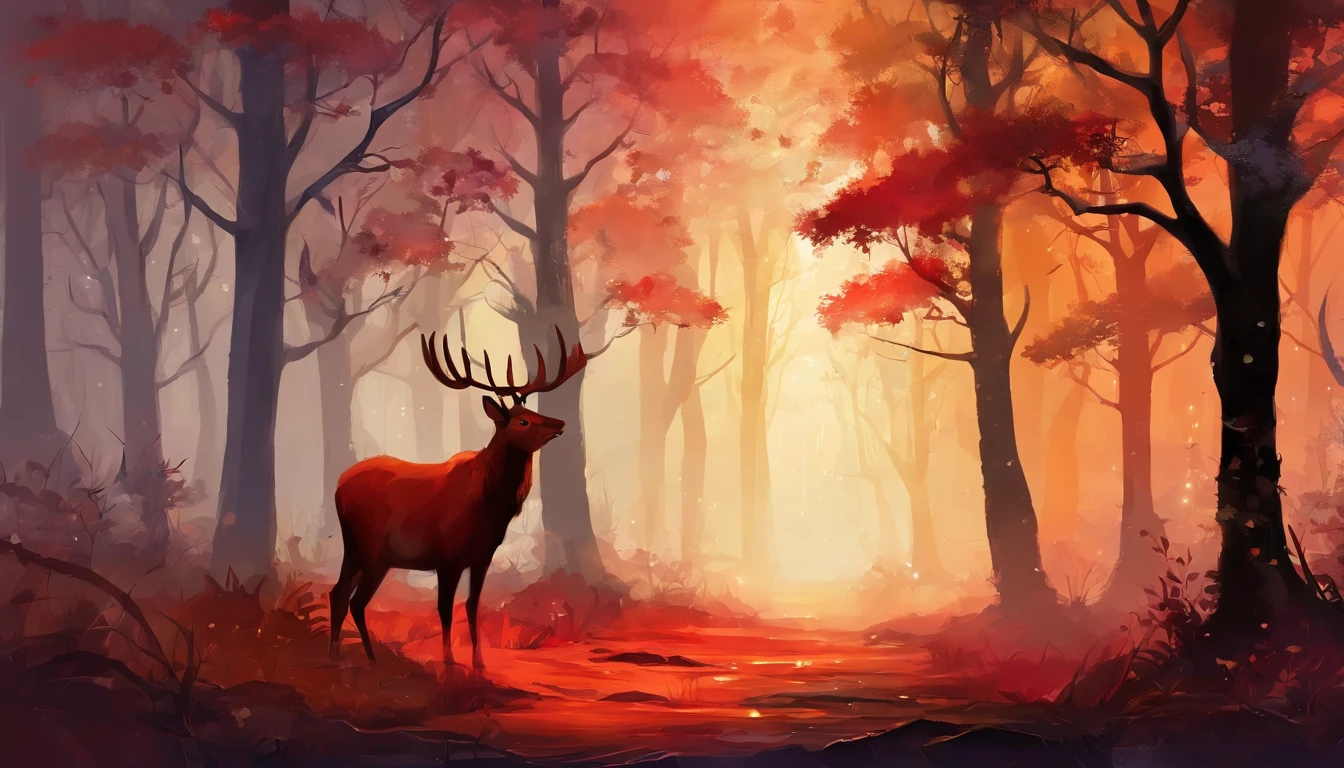 "((masterpiece)) Red deer in ((it's foggy)) ,((Magical dark forest :1.2))At dusk, and ((It is recommended that the scene use strong dark shadows:1.2)), A glowing magic lion,Golden glowing flowers ,((Glowing Butterfly )), Beautiful magic style, Golden water reflection,fiercely, concept art, number."