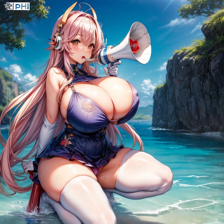 ((Big megaphone、Holding a megaphone、shout))、Woman on blue background, splash art anime , From the Azur Lane video game, ayaka genshin impact, anime! 4k yen, anime! 4K, ayaka game genshin impact, best anime 4K konachan wallpaper, Epic light novel art cover, detailed key anime art, Vivid RPG Portraits、Camel Toe、Giant tit、Nipple Puffs、Cleavage、Plump、Super big breasts、Super big butt、super sonico、shock wave