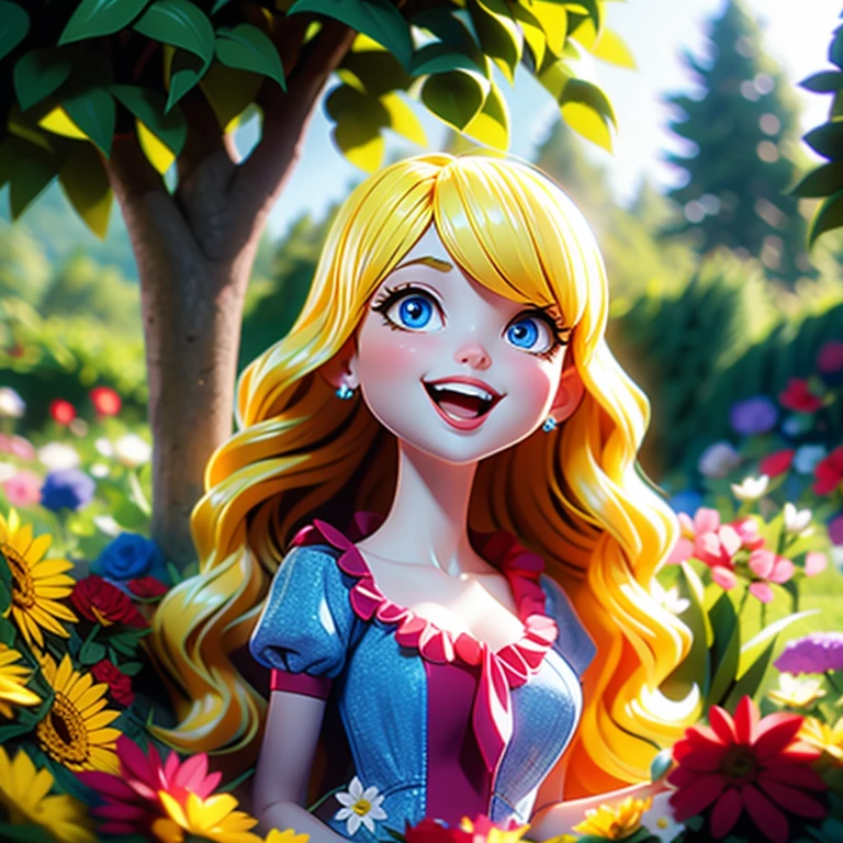 close up portrait, solo portrait, a beautiful blonde-haired European princess, young adult woman, shapely, perfect breasts, long wavy hair, bright blue eyes, fair skin, wearing a red dress, red dress, large frilly princess gown, modest clothes, chaste, golden crown, laughing happily, in a flower garden, sunny day in a castle flower garden, digital art