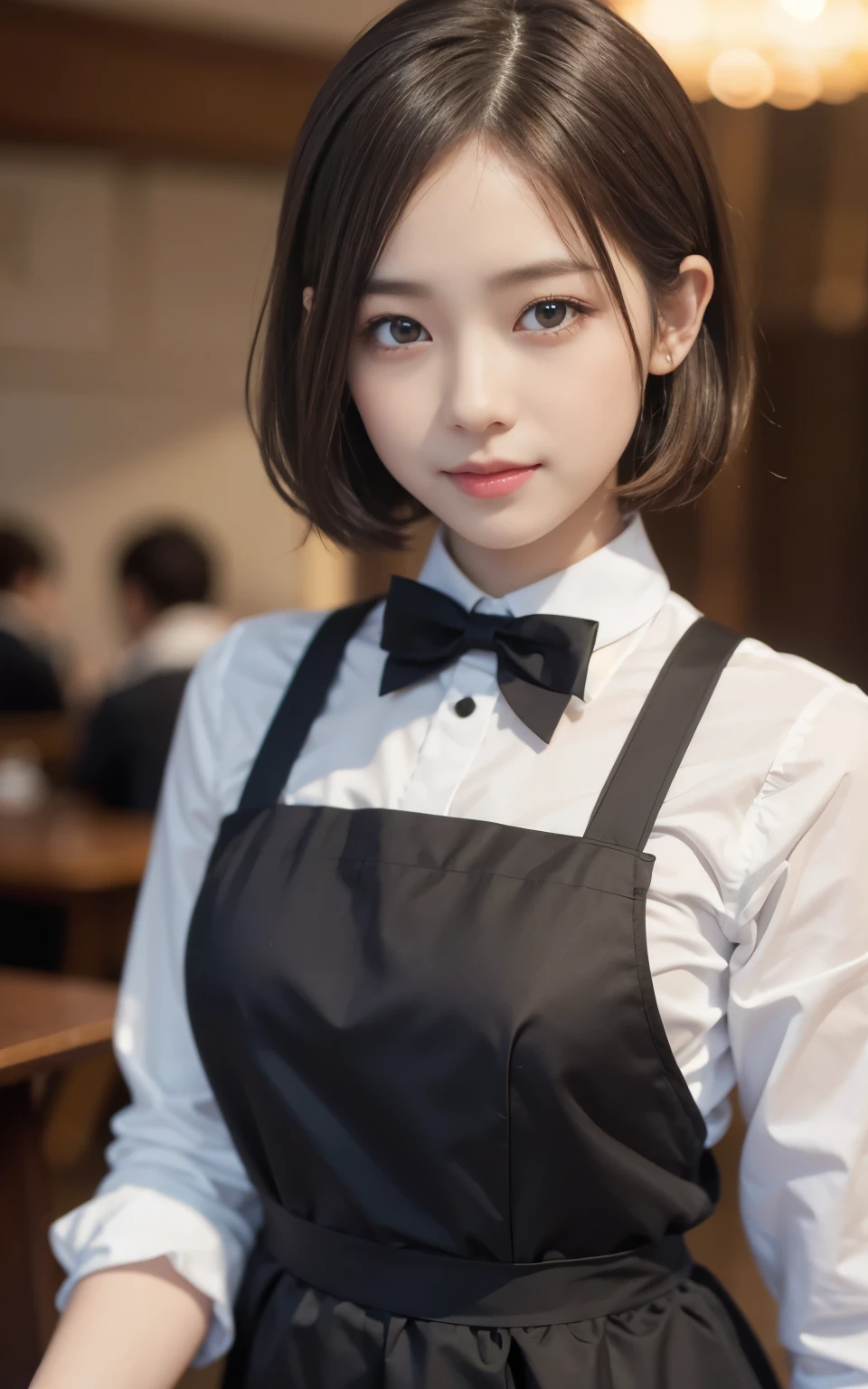 cute 21 year old japanese、apron, black bow tie、Waiter、Cafe、super detail face、pay attention to details、double eyelid、beautiful thin nose、sharp focus:1.2、Beautiful woman:1.4、(light brown hair,short hair、),pure white skin、highest quality、masterpiece、ultra high resolution、(Photoreal:1.4)、Highly detailed and professional lighting、nice smile、Please show me your whole body、