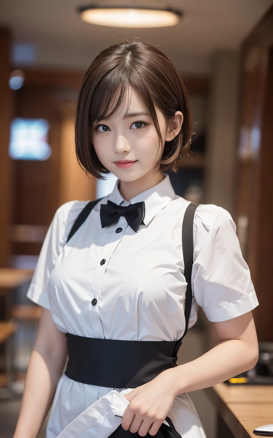 cute 21 year old japanese、apron, black bow tie、Waiter、Cafe、super detail face、pay attention to details、double eyelid、beautiful thin nose、sharp focus:1.2、Beautiful woman:1.4、(light brown hair,short hair、),pure white skin、highest quality、masterpiece、ultra high resolution、(Photoreal:1.4)、Highly detailed and professional lighting、nice smile、Please show me your whole body、