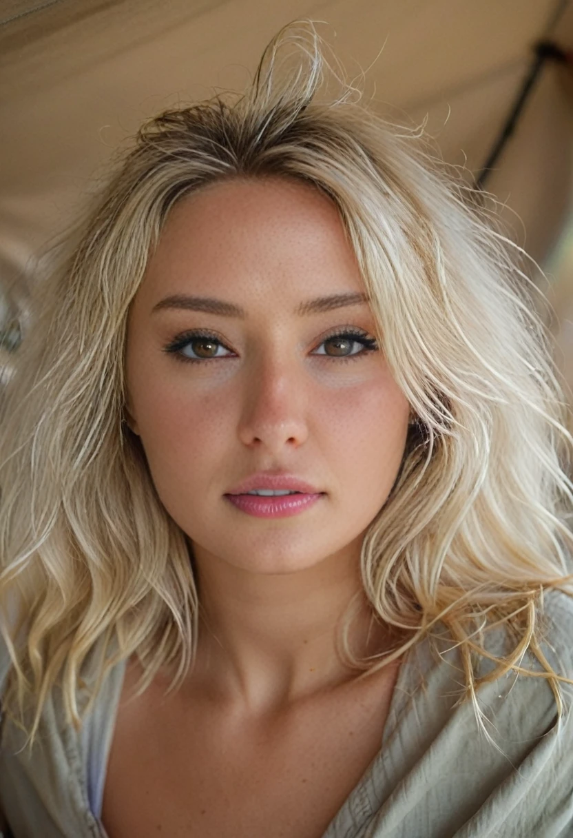 Dreamy Beach Babe:

Subject: A close-up shot of a blonde woman (22) with messy hair, just waking up in a beach tent. Her eyes are slightly open, gazing dreamily out of the tent flap.
Technical: High-resolution camera (e.g., Canon EOS R5), macro lens (e.g., 90mm f/2.8), selective focus on the woman's eyes and face, background blurred.