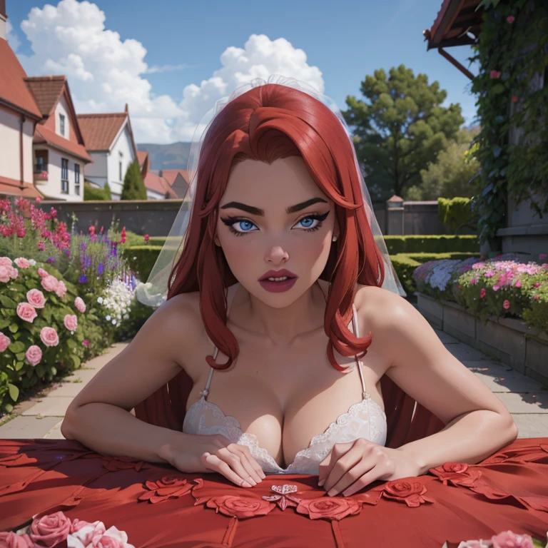 Wedding day, dreamy garden of pink flowers, bride red hair, heavy makeup, eyelashes, red lipstick, crystal blue eyes, high detail white wedding dress, sexy breasts, pink damask roses garden background, amazing sky, waiting  , full body ,  side anal pov