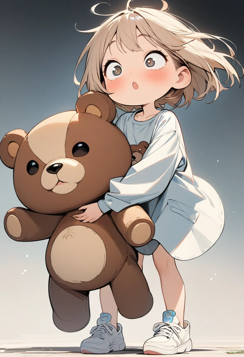 (masterpiece, best quality:1.2), Cartoon-like character design。1 boy holding a teddy bear, alone,big eyes,cute expression,1 hair tie,bear shirt,smock,white sneakers,stand,exciting,exciting,clean lines