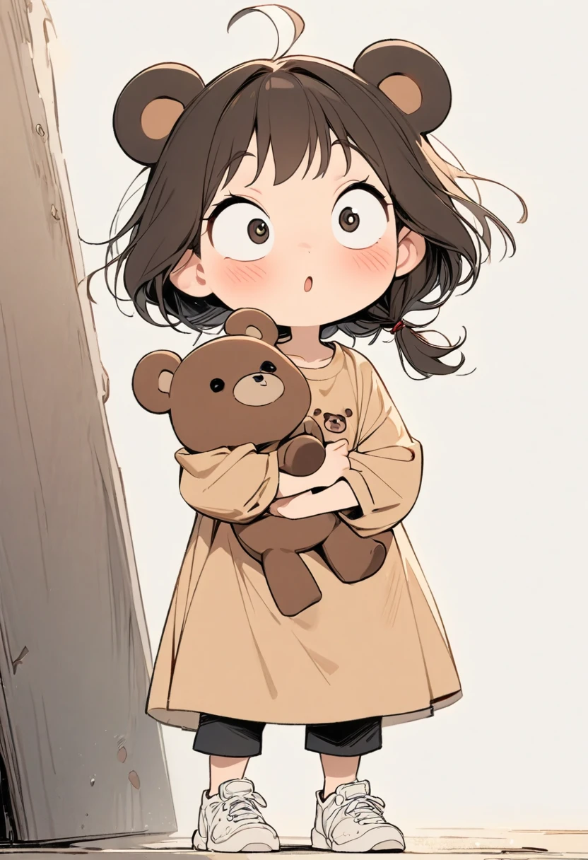 (masterpiece, best quality:1.2), Cartoon-like character design。1 boy holding a teddy bear, alone，big eyes，cute expression，1 hair tie，bear shirt，smock，white sneakers，stand，exciting，exciting，clean lines