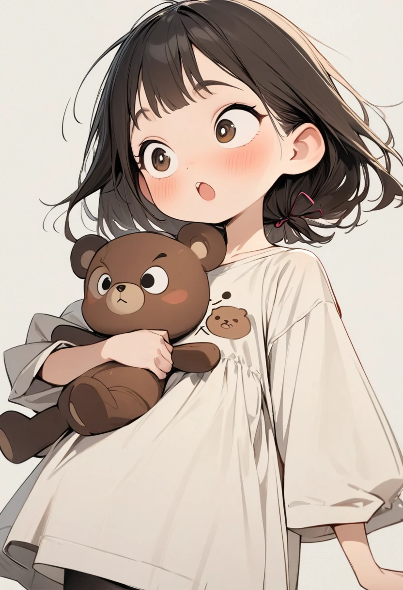 (masterpiece, best quality:1.2), Cartoon-like character design。1 boy holding a teddy bear, alone，big eyes，cute expression，1 hair tie，bear shirt，smock，white sneakers，stand，exciting，exciting，clean lines