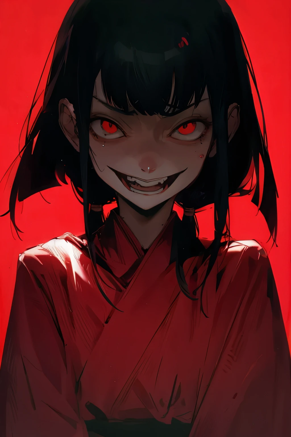 A monstrous being an anomaly with a grotesque appearance wearing wears a black female Hakama. monster. ugly. fear. terror. by the peeling and blood with a macabre smile and a look of despair and terror. much more sangu and horror environment