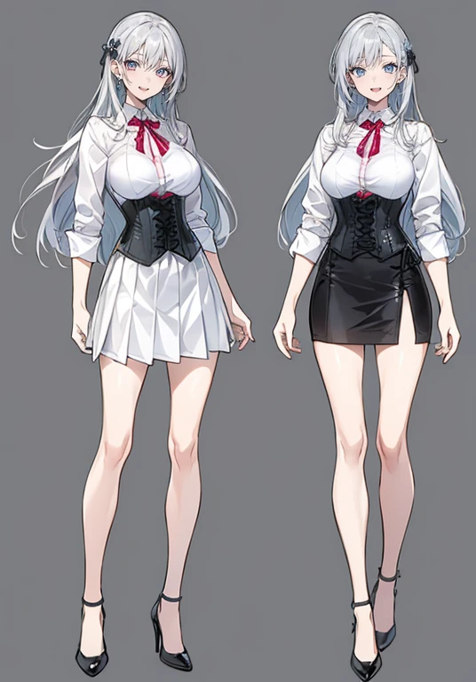 silver hair,Long hair,Adult female,Bartender,((Rolling up your sleeves shirt)),(Corset),(Tight skirt),High heels,((Simple background)),Smile,((Full body)),((whole body)),Character Sheet,Arms slightly open