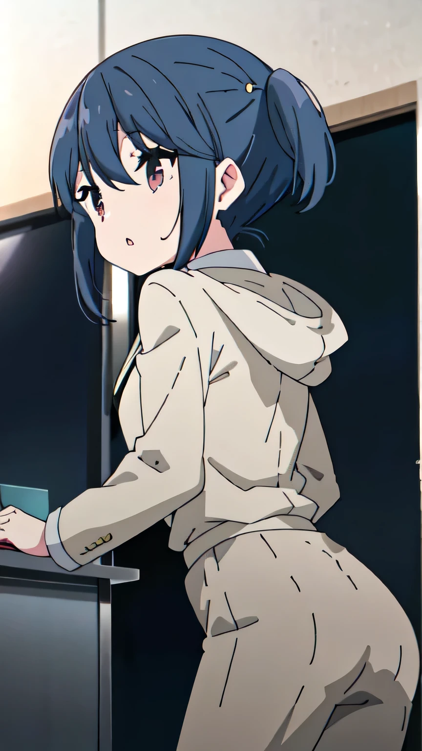 shima rin, yuru camp, nsfw, (highest quality, 8k, 32k, masterpiece, Ultra-high resolution:1.2), One girl, embarraced face, sweat, Beautiful Japanese Women, Tight waist, grey suit, Open jacket, office lady, suit, pants, From behind, Office Room, machine,  (Stick your butt out:1.2), Detailed face, From below, Raise one leg