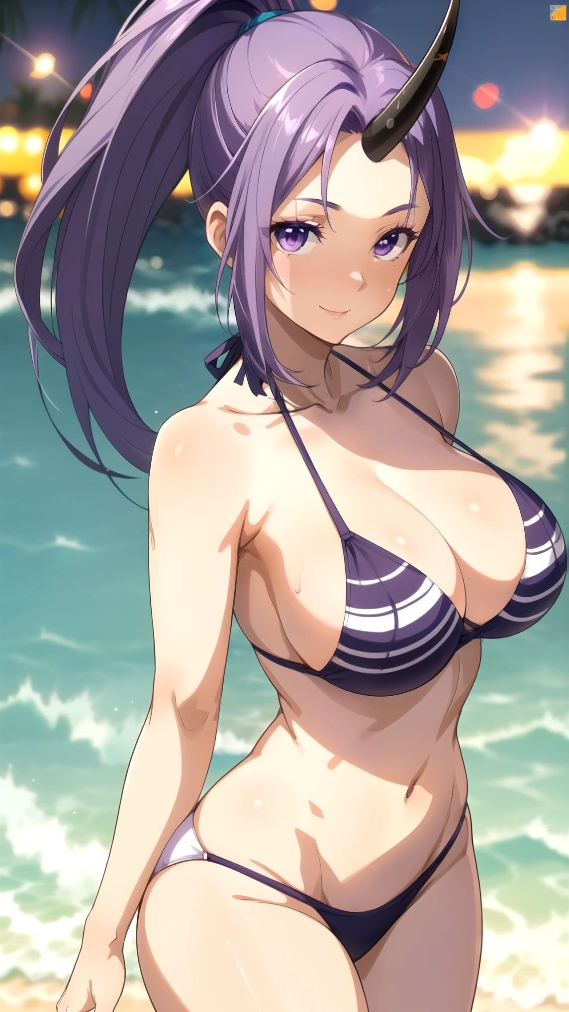 (4k), depth of field, (Masterpiece), (realistic skin texture), extremely detailed, intricate, hyper detailed, professional photography, bokeh, high resolution, sharp detail, best quality, woman, happy, full body, purple hair, ponytail, purple eyes, bikini, horn, head down , beach