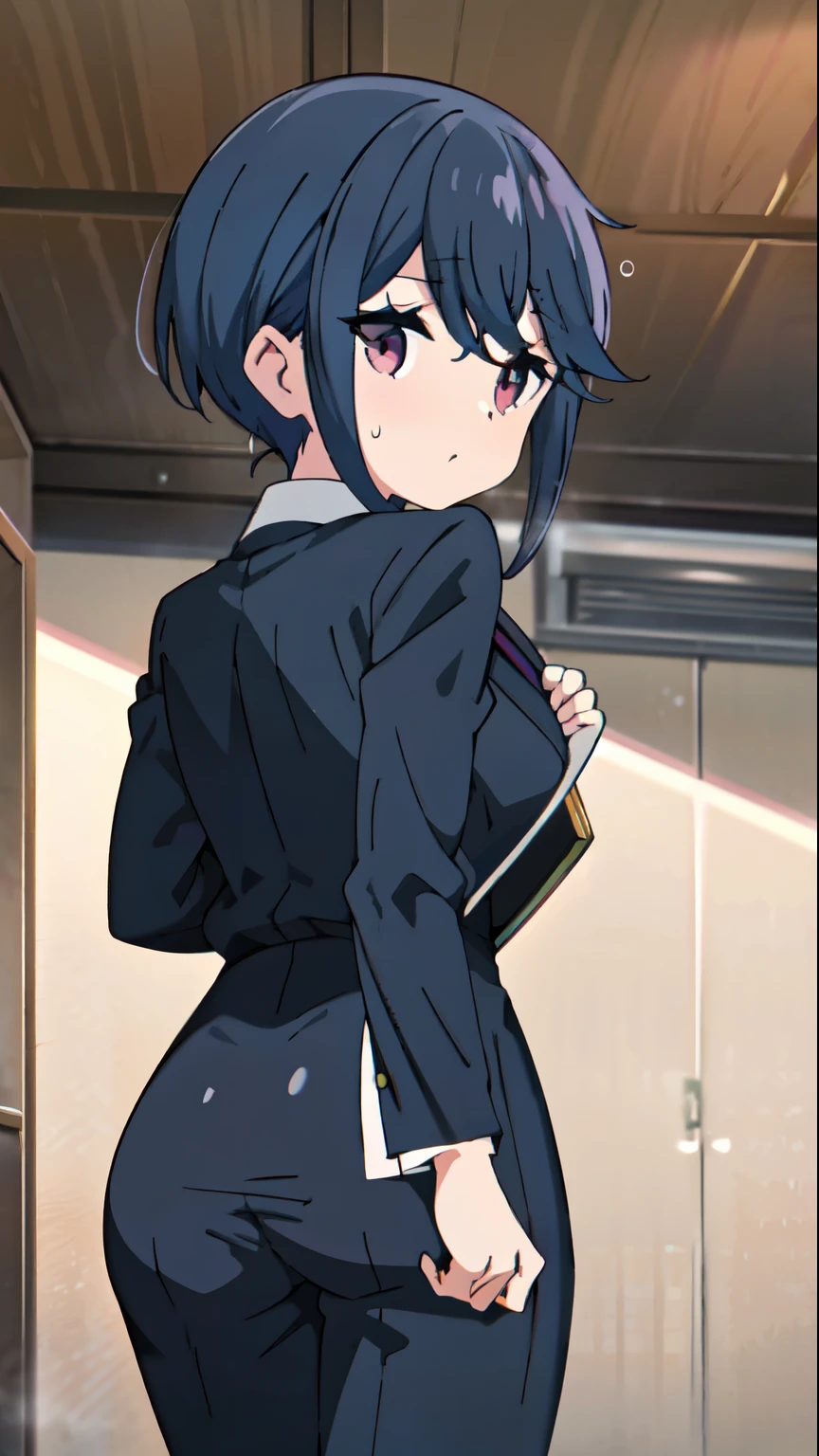 shima rin, yuru camp, nsfw, (highest quality, 8k, 32k, masterpiece, Ultra-high resolution:1.2), One girl, embarraced face, sweat, Beautiful Japanese Women, Tight waist, grey suit, Open jacket, office lady, suit, pants, From behind, Office Room, machine,  (Stick your butt out:1.2), Detailed face, From below, Raise one leg