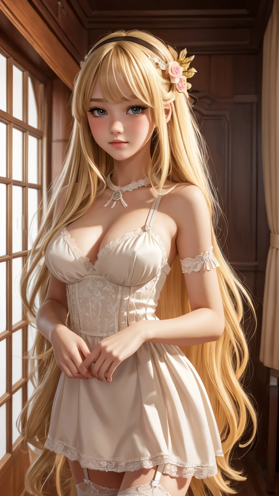 best quality,highly detailed,masterpiece,ultra-detailed,illustration,blonde hair ,hair ornament,stand,indoor,incredibly_absurdres,1girl,medium breast,nose blush ,realistic,long hair,summer_dress,garter straps,bishoujo,waving sv98