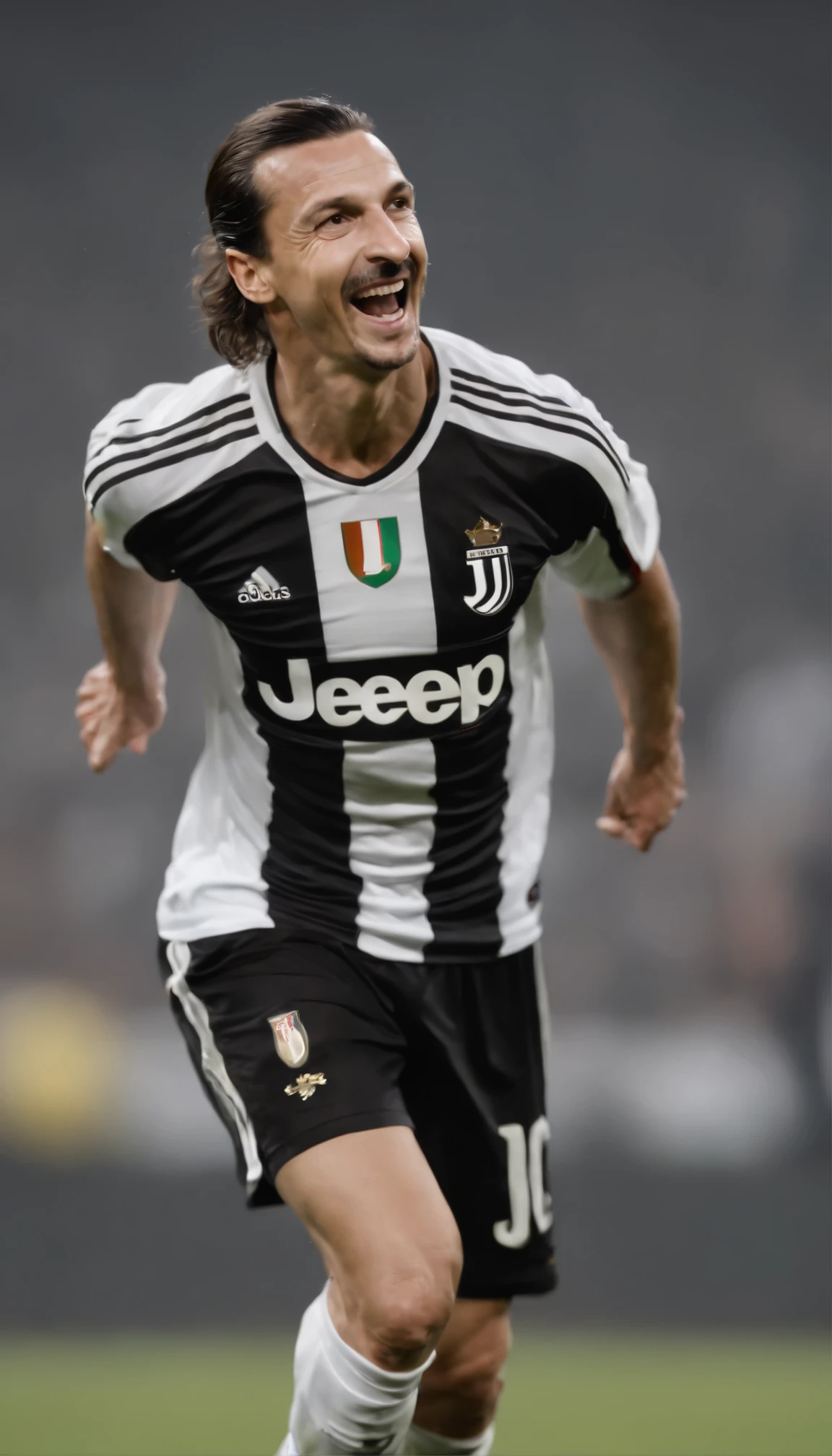 Alessandro Del Piero is wearing a Juventus jersey and smiling brightly.、Posing confidently in front of a field backdrop、Juventus memes、Charming delight、masterpiece、Sharp focus、High resolution、Dramatic lighting、Sparkling Hair、Sweat spots on the forehead、Iconic soccer players、Bright team colors、Juventus crest visible on jersey、Captivating realism、Juventus FC、Remarkable Digital Art、Zlatan Ibrahimovic illustration、 Soccer Superstar、Digital Rendering、juventus jersey design、Elite Athletes、Dynamic pose。