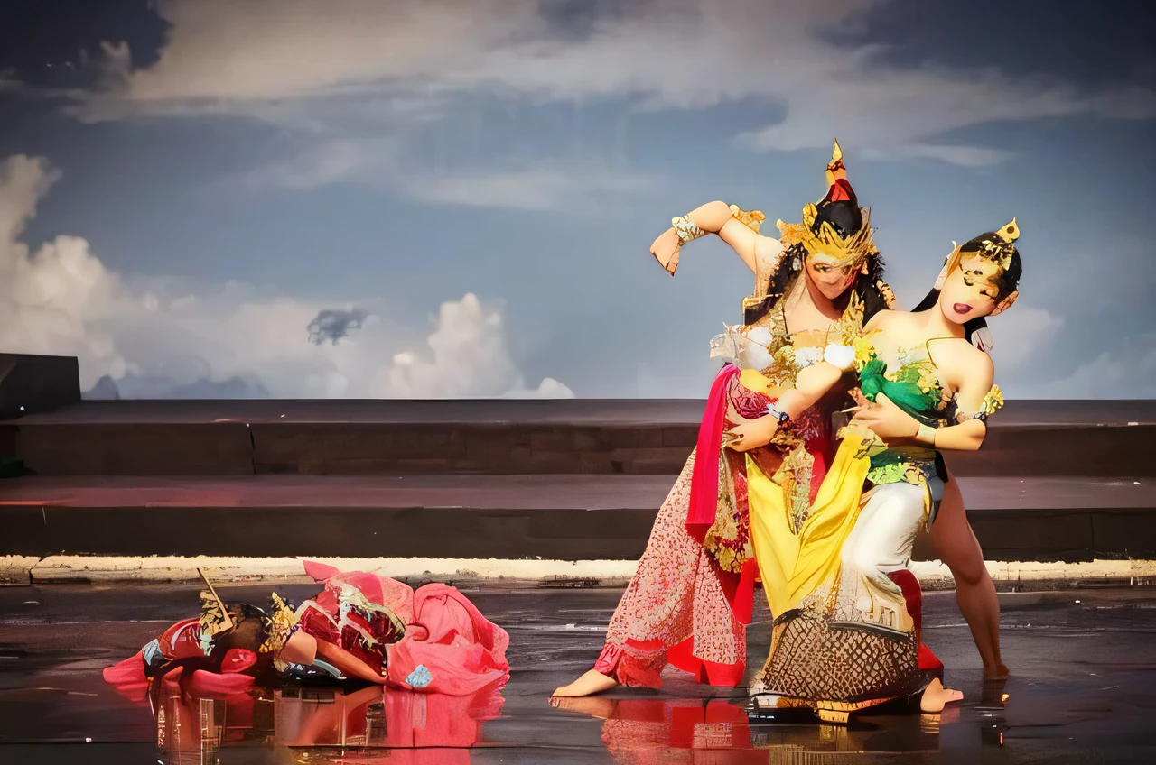 there are two women in costumes on a stage with a man laying on the ground, javanese mythology, submerged temple dance scene, theater dance scene, indonesia national geographic, indonesia, bali, drama, contemporary dance, by Basuki Abdullah, random and dramatic scene, taken in 2 0 2 0, trending photo, 3 actors on stage, slide show, masterpiece'