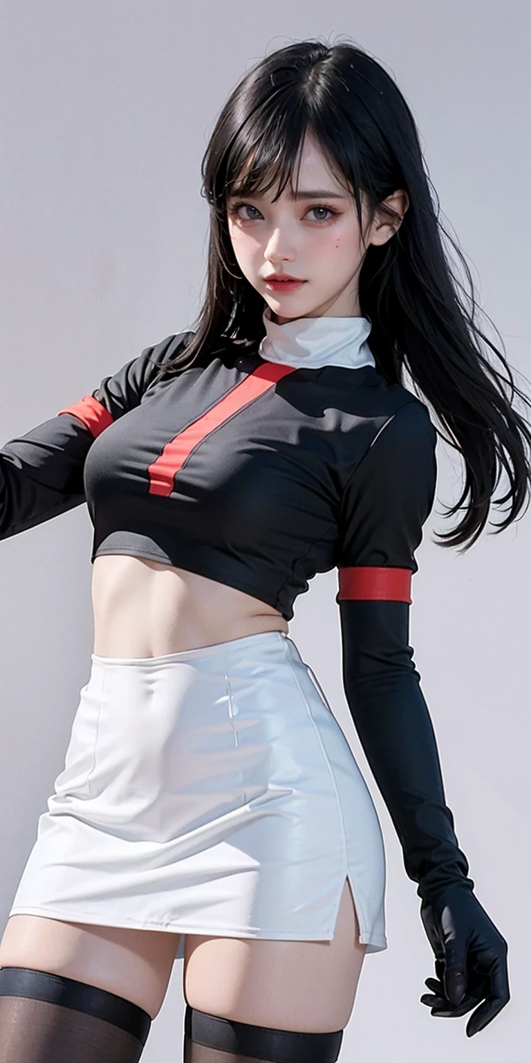 team rocket,team rocket uniform, red letter R, white skirt,white crop top,black thigh-highs, black elbow gloves,dark background,black background,simple background,