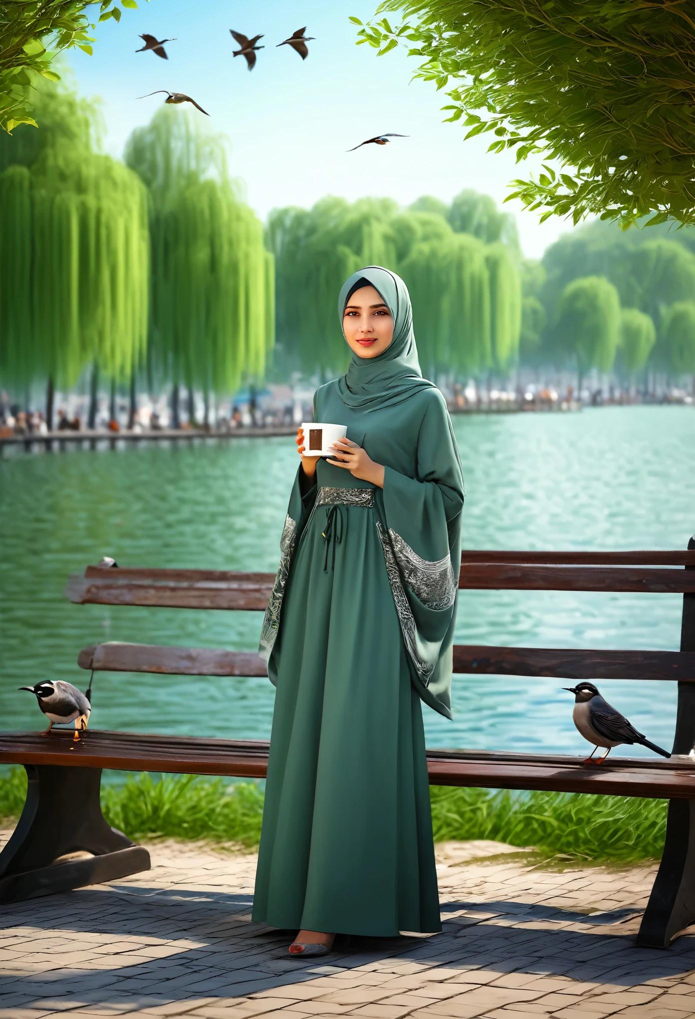 A young beautiful girl wearing beautiful Muslim attire, enjoying morning coffee by the lakeside of a bustling city, with beautiful trees, birds, and the effect of wind on clothing. Perfect detail, real, super realistic, 200K resolution