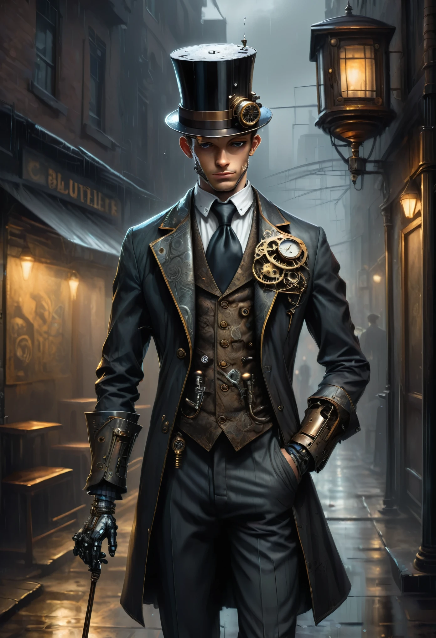 In the head Above it is a Twitter upload Robot-Butler with mechanical engineering profile, steampunk tie, detail soft shadow, ennui atmosphere mechanical face, mechanical decorative cane of holding one hand, from below view, in intricate and insane detail mechanical, on intricate detail butler's clothes, low key lighting element, cool beauty mechanical, full body shot, from side, nice look cyber butler's clothes, beauty like sharpened blade atmosphere, extremely fine shadow, backdrop of drizzle graffiti, eternal time clock, feels like eternity time wind, loneliness atmosphere, dim white lighting, street art graffiti inspiration, sadness glow eyes of through expression, gallant expression, darkest dim glow, darkest core oil paint illustration with detail, very clear detail, extremely clear texture, intricate brush stroke, high quality, high resolution, top quality,