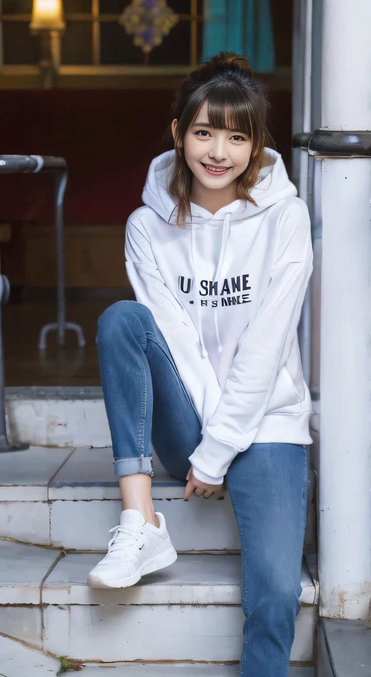 highest quality, Realistic, Very detailed, Finer details, High resolution, 8k wallpaper, One beautiful woman,Sit on the stairs、smile、、（Black socks） Oversized hoodie, Skinny jeans,（ sneakers）、Black Hair、 Beautiful Bangs、ear piercing、Perfect dynamic composition, Beautiful and detailed, Full Body Shot, A big smile waiting to start
