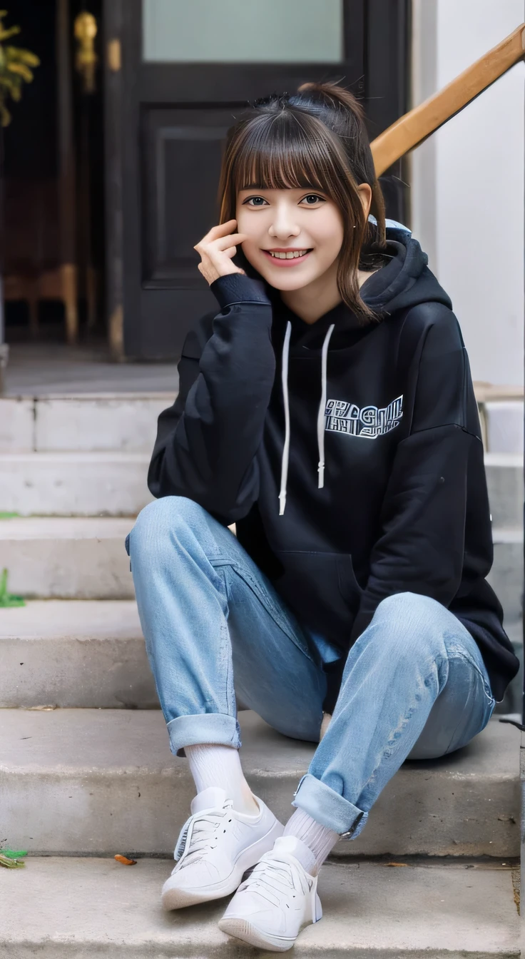 highest quality, Realistic, Very detailed, Finer details, High resolution, 8k wallpaper, One beautiful woman,Sit on the stairs、smile、、(Black socks) Oversized hoodie, Skinny jeans,( sneakers)、Black Hair、 Beautiful Bangs、ear piercing、Perfect dynamic composition, Beautiful and detailed, Full Body Shot, A big smile waiting to start