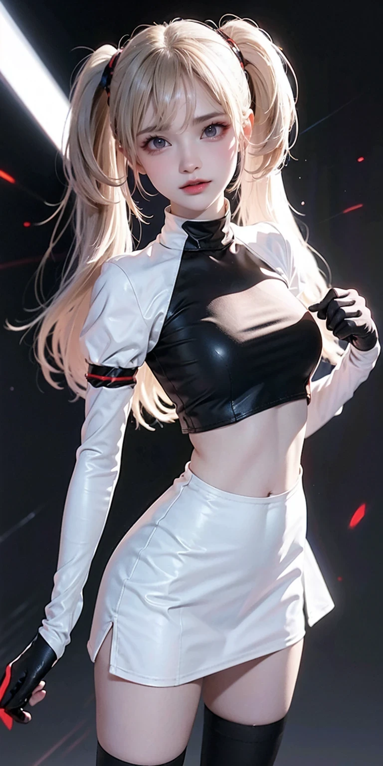 team rocket,team rocket uniform, red letter R, white skirt,white crop top,black thigh-highs, black elbow gloves,dark background,black background,simple background,