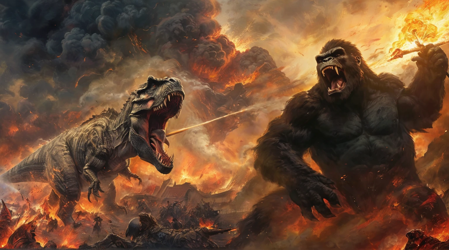 Dark fantasy art style,（（Best quality））， （（masterpiece））， （Very detailed：1.3），(super detailed art)，Epic composition （（1 Dinosaur and 1 King Kong battle scene 1.6））The picture is surrounded by fire，Movie quality，Hell-like flames，Fire splattered，Fierce battles，Dynamic explosion background，Clouds, smoke, and flames filled the air，Perfect anatomical structure，Spatial Depth of Field Composition, majestic, Amazing anger, Deep and mysterious background，Darkness and light