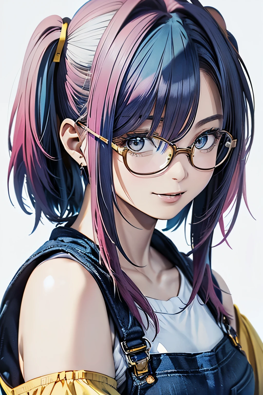 (top-quality、8K、32K、masterpiece、nffsw:1.2)、(Raw photography)、(realisitic)、(Photorealsitic:1.2)、(hight resolution)、ultra-detailliert、extremely beautiful face and eyes、1girl in、round small face、big breasts thin waist、Delicate body、(a closeup、top-quality、high detailing、rich skin detail、nffsw)、(Best Quality、8K、Oil Painting、masutepiece:1.2)、Ultra-detailed、(Realistic、Photorealistic:1.37)、Vibrant colors, (((Looks like fun)))、(((cowboy shot))), (((Blue and yellow overall))、(((White and micro camisole on inner)))、(((30 Women of a certain age)))、(((Slightly visible chest)))、studio lighting, (((blackhead)))、(((shoulder length bob hair)))、(((blue hair,pink dip-dye hair))),((( white background))), (((I'm laughing.)))、(((girly hairstyle)))、(((The background is pure white wall)))、(((in front of a white wall)))、(((twin tails)))、(((Wearing a Blue and yellow oversized overall))))、(((Blue and yellow overall)))、(((Wear glasses))