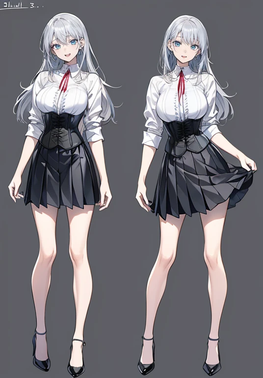 silver hair,Long hair,Adult female,Bartender,((Rolling up your sleeves shirt)),(Corset),(Tight skirt),High heels,((Simple background)),Smile,((Full body)),((whole body)),Character Sheet,Arms slightly open