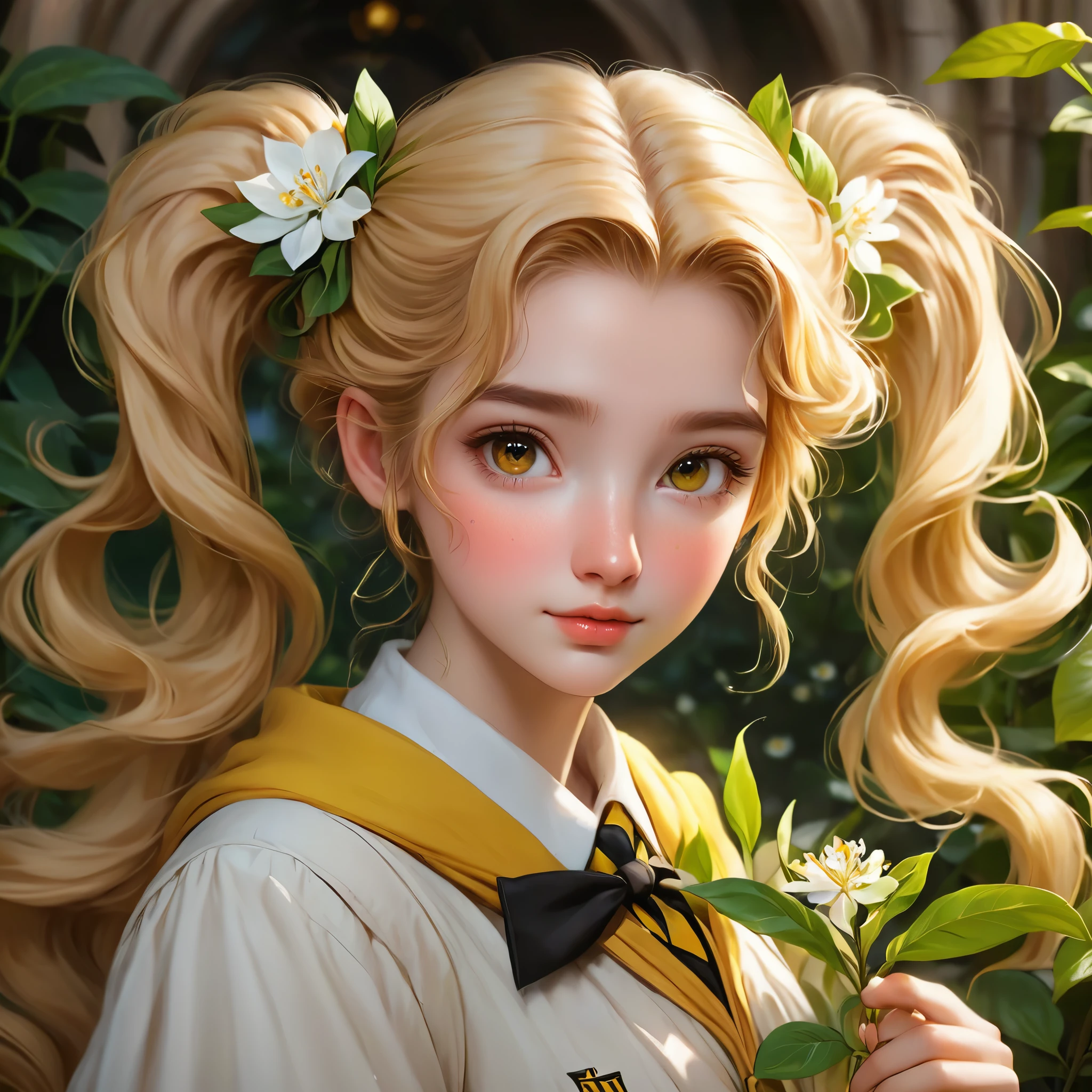 best quality, Masterpiece, Hogwarts students, Hufflepuff, I have short, raised twin tails., I have short, golden-blonde twin tails., serious, Very naughty, cute and bright, Freckles on the face, Hand holding a white jasmine flower, detailed brown eyes, detailed face, Fine skin, The background is in Hogwarts Greenhouses., bright colors, colorful art style, soft light, soft shadow, detailed texture, dynamic light.