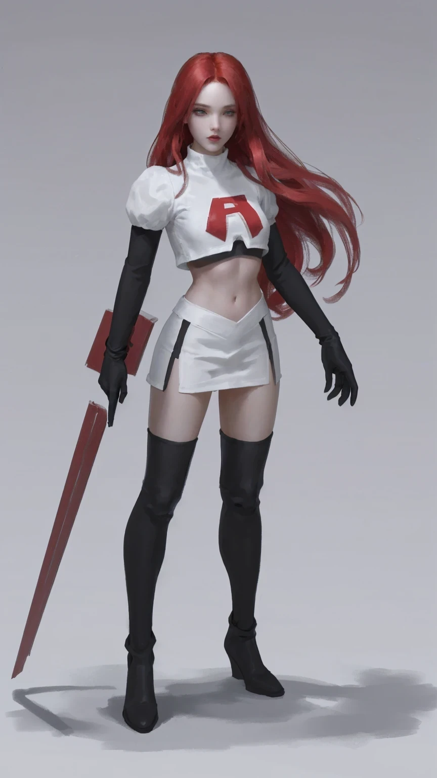 team rocket,team rocket uniform, red letter R, white skirt,white crop top,black thigh-highs, black elbow gloves,white background