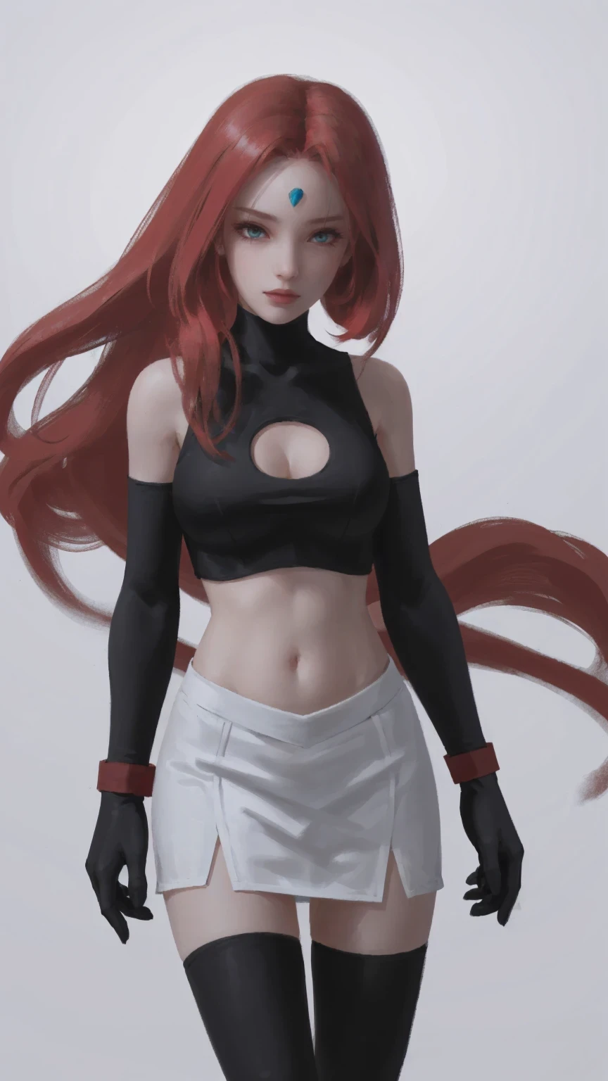 team rocket,team rocket uniform, red letter R, white skirt,white crop top,black thigh-highs, black elbow gloves,white background