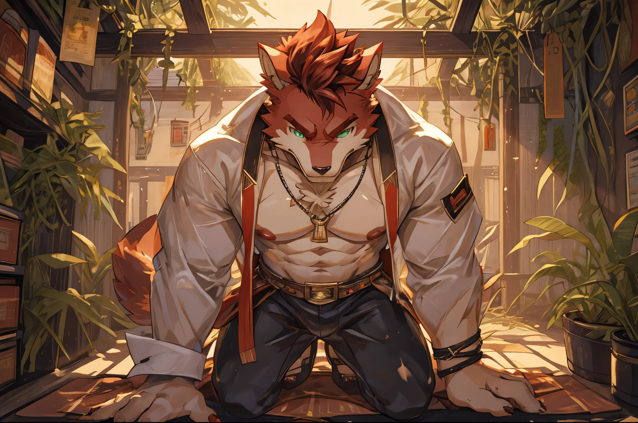 (perfect face, bara furry, rabbit man, big body, cardinal skin, short quiff red hair, green eyes, perfect eyes, big rabbit ears, handsome, at school) with (perfect face, bara furry, rabbit man, big body, light brown skin, short quiff red hair, green eyes, perfect eyes, big rabbit ears, handsome, in jungle)