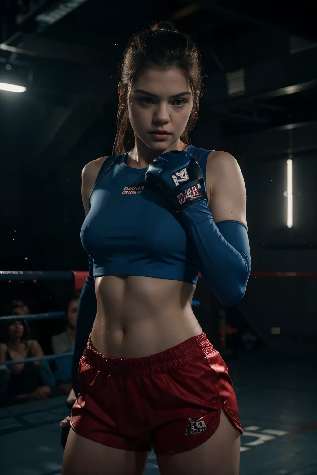 1 beautiful girl , Fight in the ring, MMA fightGeorgie Henley at the age of 18, blue top ,tight red Shorts Gloves,sweaty skin,audience, Protective Rack, 4k render,Realistic white skin,(beste-Qualit) (Detailed) photographed on a Canon EOS R5, 50mm lens, f/2.8, NFFSV, (8K) (wallpapers) (Movie Lighting) (dramatic lighting) (Sharp Shooting)