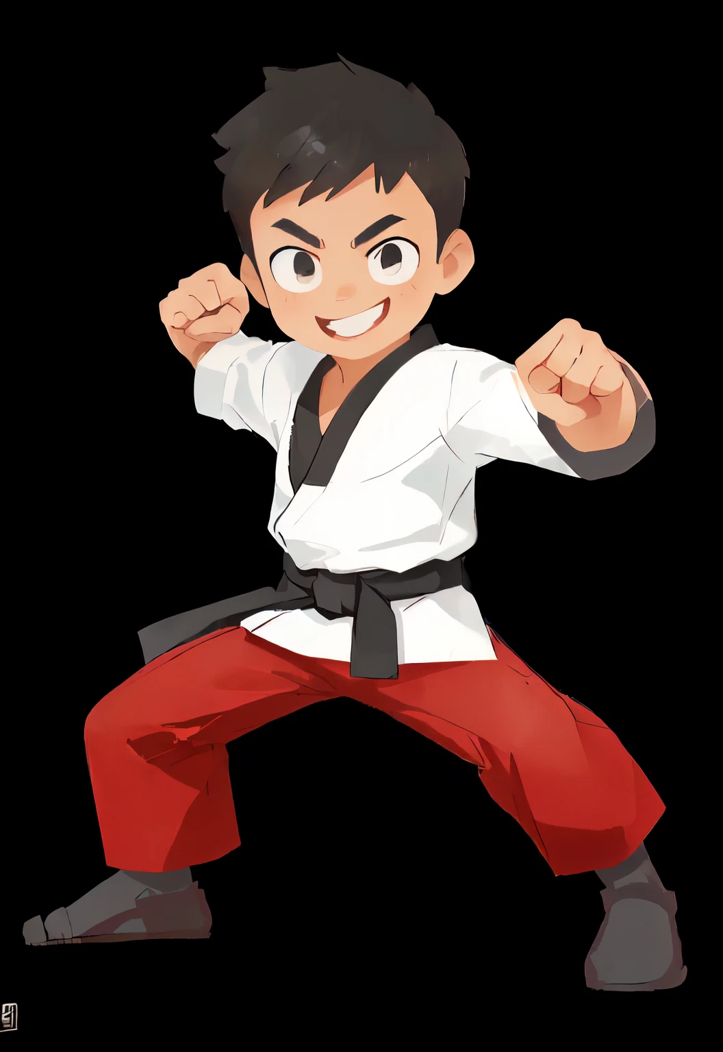 cartoon karate boy with black belt and red pants, martial art pose, karate pose, fighting stance, fighting game character, doing martial arts, fighter pose, fighting pose, karate kick, martial arts, fighting stance energy, karate, in a fighting stance, fight pose, in a fighting pose, heroic muay thai stance pose, mma southpaw stance, karate outfit, smiling brave face