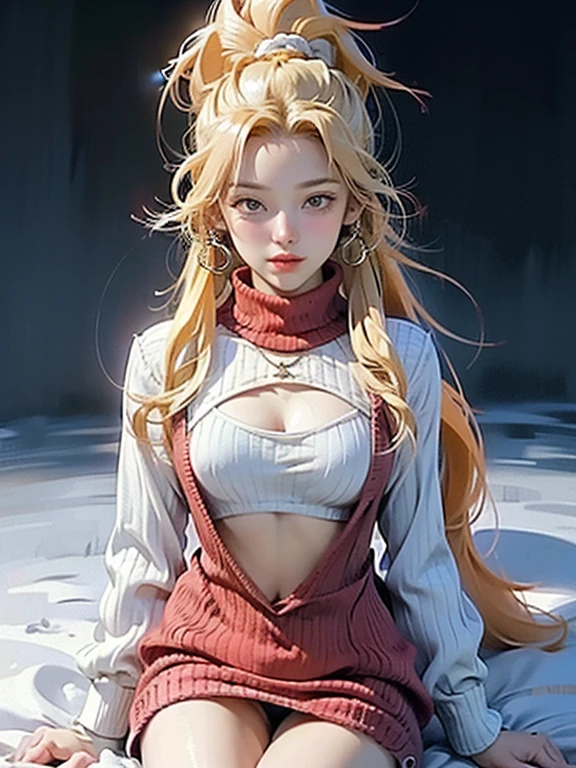(highest quality,High resolution,masterpiece:1.2),Very detailed,Realistic,Portraiture,(((Red knit dress, Keyhole Turtleneck, Off Holder))),Black boots,(Short puffer down jacket), 冬のSnow Scene, Bright colors, Warm lighting, ((Very long ponytail, Super long blonde hair, Intricately braided hair, Braid to the end, All of your hair is visible)), Starry Sky, Bare thighs, bare navel, Blushed:2.4, Large Necklace, Snow Scene, Sweater with open chest, Belly button piercing, Camel Toe, See-through nipple piercing, virgin killer sweater,