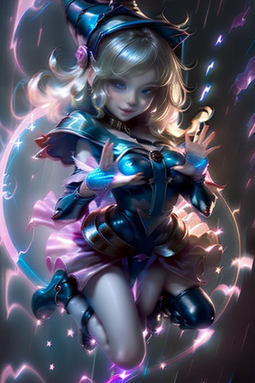 (masterpiece:1.2), (highest quality:1.2), Perfect lighting, Dark Magician Girl (Casting a Spell: 1.3), When I was in my twenties, (Floating in the air: 1.3), Visible medium breasts, Transparent neckline,  challenging. poker face,smile. From above, Sparkle, (Hands with magical effects: 1.4 )The magic is in your hands, Apocalypse Background、Blonde、Magic at your fingertips