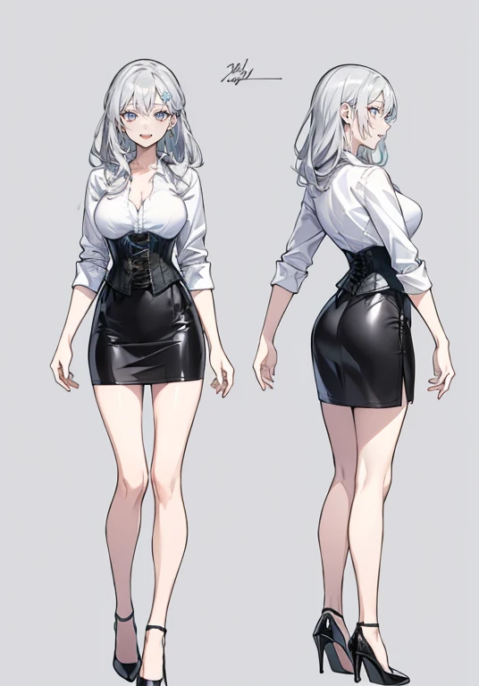 silver hair,Long hair,Adult female,Bartender,((Rolling up your sleeves shirt)),(Corset),(Tight skirt),High heels,((Simple background)),Smile,((Full body)),((whole body)),Character Sheet,Arms slightly open